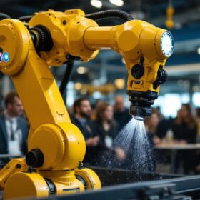 A photograph of a dynamic industrial robot in action during a demonstration in boston