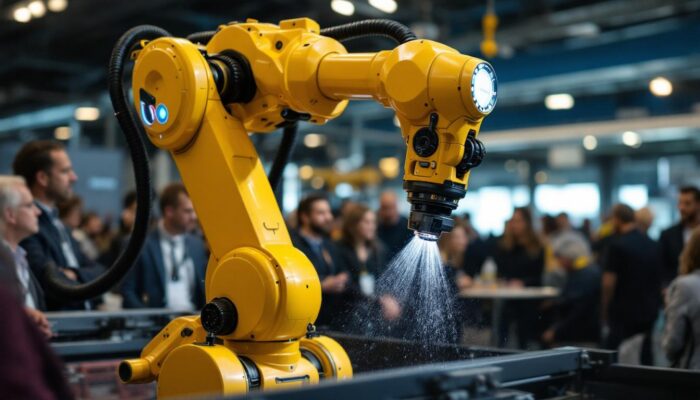 A photograph of a dynamic industrial robot in action during a demonstration in boston