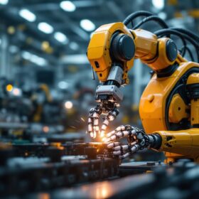 A photograph of a dynamic industrial robot in action within a manufacturing environment