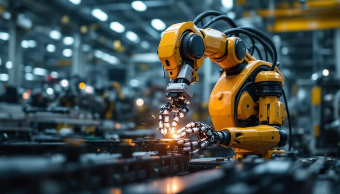 A photograph of a dynamic industrial robot in action within a manufacturing environment