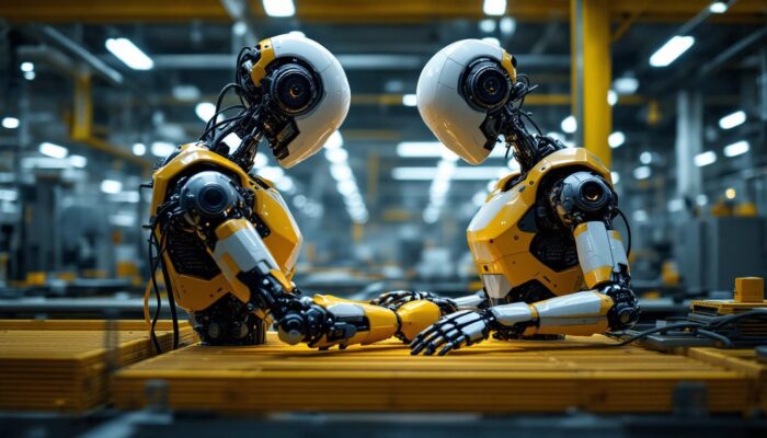 A photograph of a sleek industrial robot in action within a modern manufacturing environment