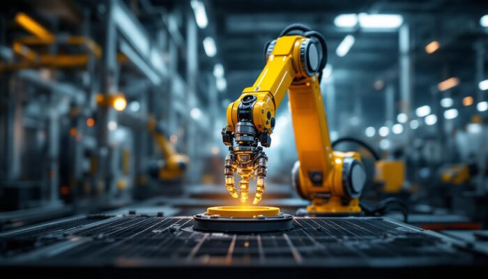 A photograph of a sleek industrial robotic arm in action