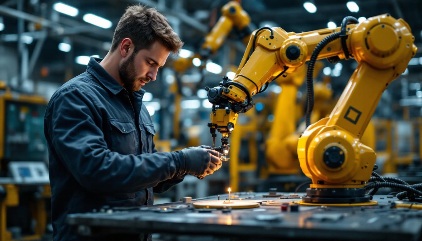 A photograph of a skilled technician adjusting the length of a robotic arm in an industrial setting