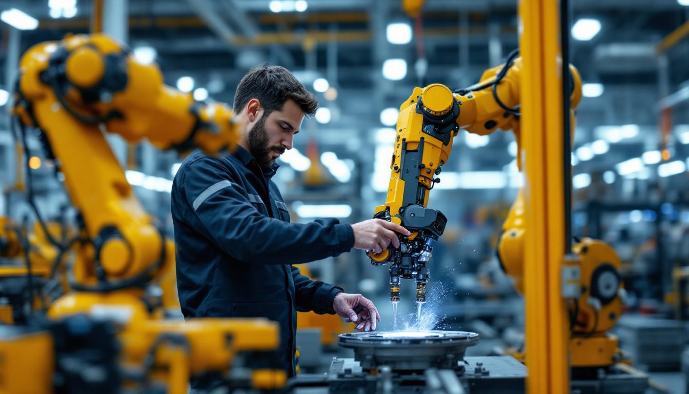 A photograph of a skilled technician operating an industrial robot in a modern manufacturing facility