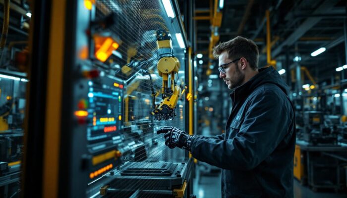 A photograph of a skilled technician programming or operating an industrial robot in a modern manufacturing environment