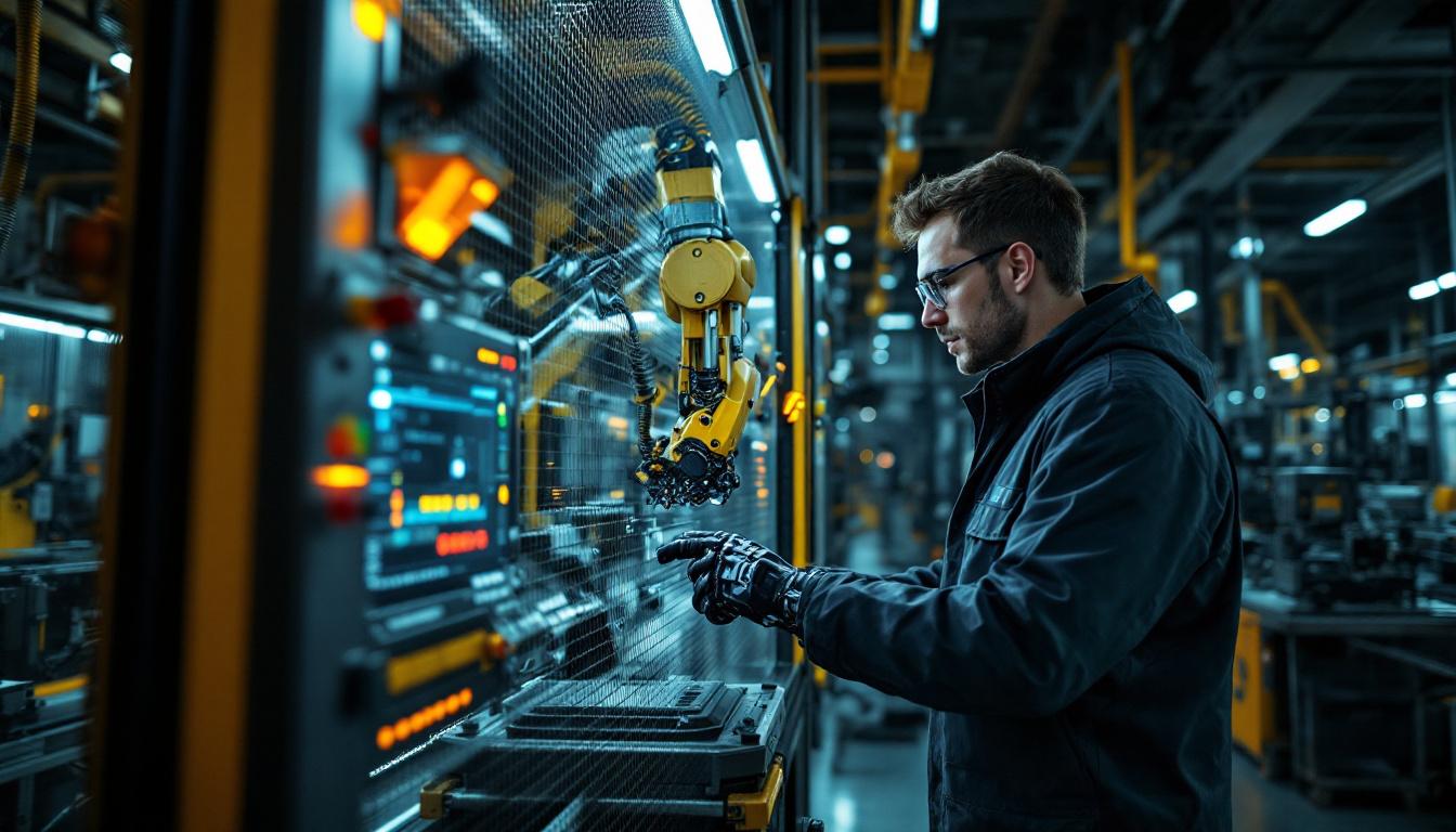 A photograph of a skilled technician programming or operating an industrial robot in a modern manufacturing environment