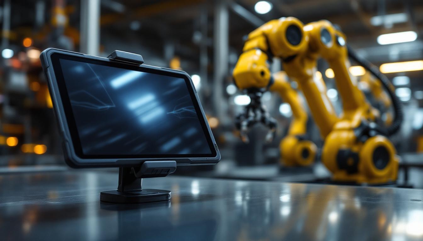 A photograph of a sleek automotive tablet mount in a dynamic setting