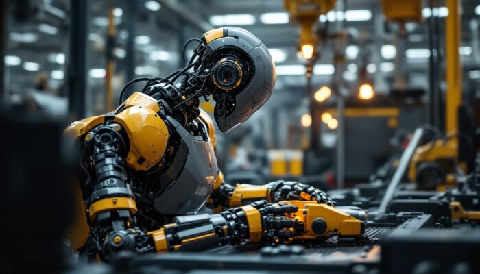 A photograph of a state-of-the-art industrial robot in action within a manufacturing environment