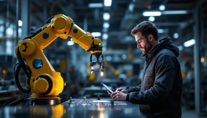 A photograph of a skilled software engineer working alongside an industrial robotic arm in a modern manufacturing environment
