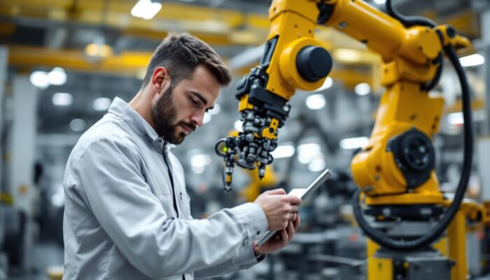 A photograph of a mechanical engineer working on an industrial robotic arm in a modern manufacturing setting
