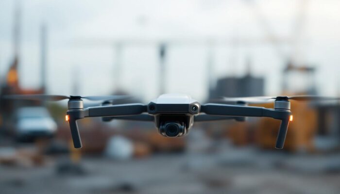 A photograph of a sleek industrial drone equipped with a built-in screen