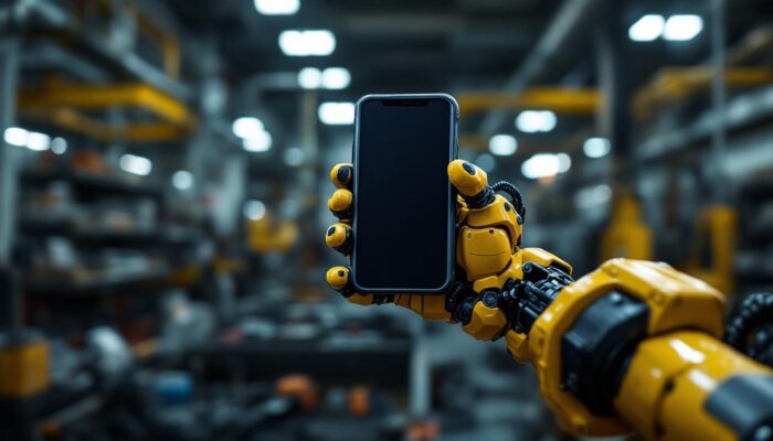 A photograph of a rugged industrial robotic arm gripping a smartphone securely