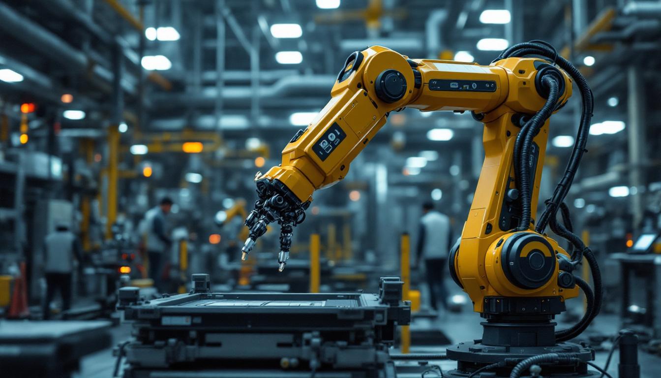 A photograph of a robotic arm in action within a high-tech industrial setting