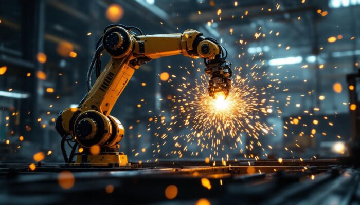 A photograph of a dynamic industrial scene featuring a robotic arm in action