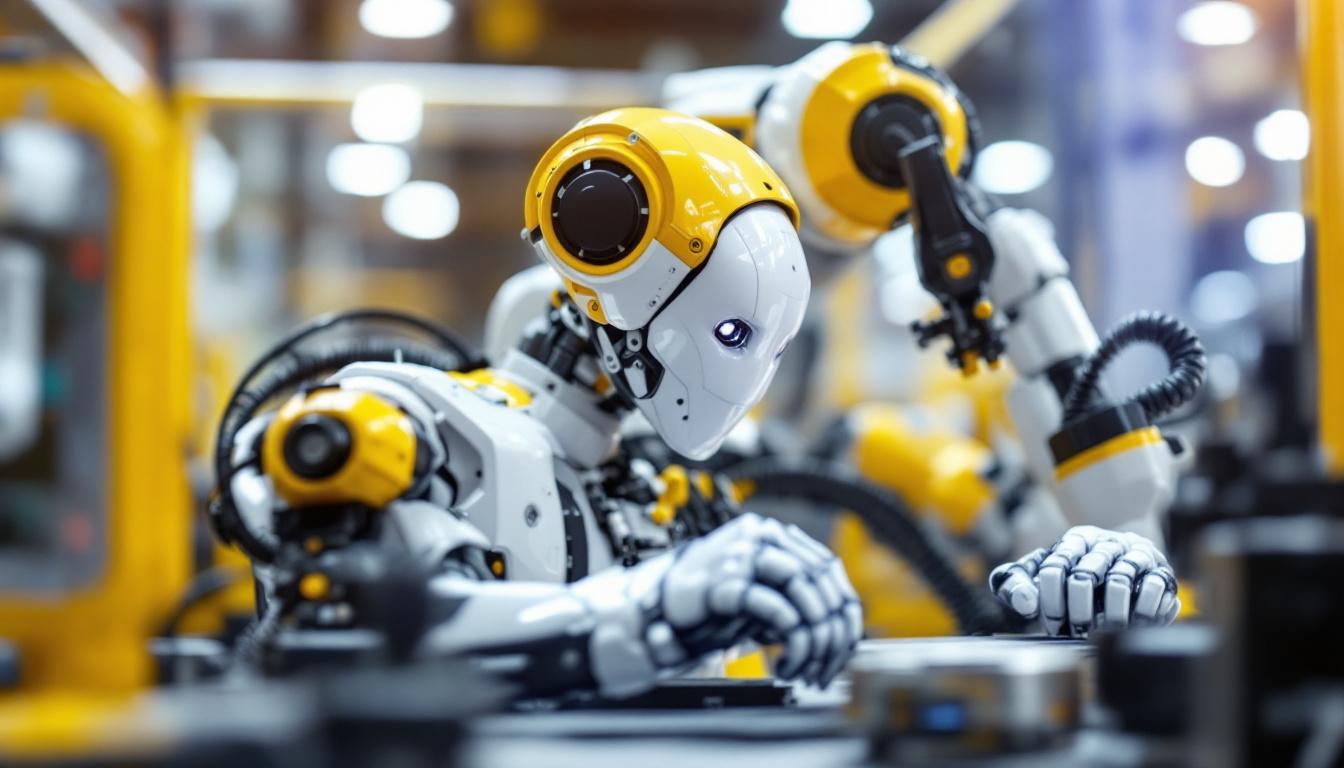A photograph of a sleek industrial robot in action within a manufacturing setting