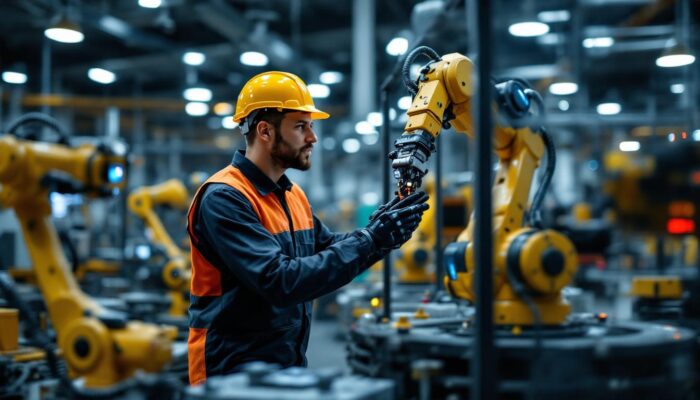 A photograph of a dynamic industrial setting showcasing a skilled salesperson engaging with advanced robotic machinery