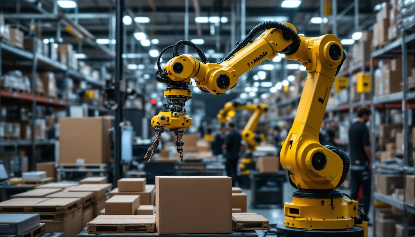 A photograph of a sleek industrial robotic arm in action at a t-mobile fulfillment center
