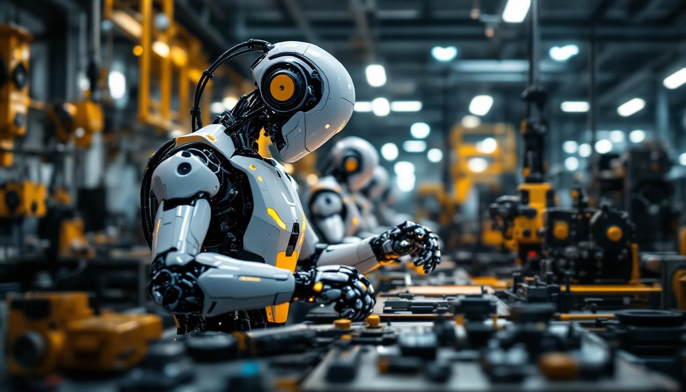 A photograph of a sleek industrial robot in action within a modern manufacturing environment