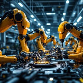 A photograph of a modern manufacturing facility showcasing industrial robots in action