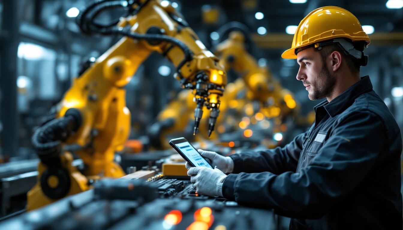 A photograph of a train engineer interacting with advanced industrial robotics in a dynamic workshop setting