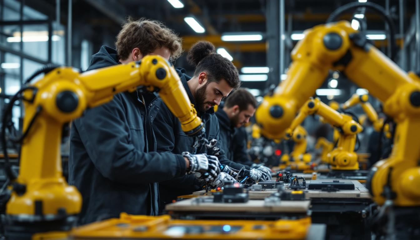 A photograph of a group of students engaged in hands-on training with industrial robots in a modern workshop setting