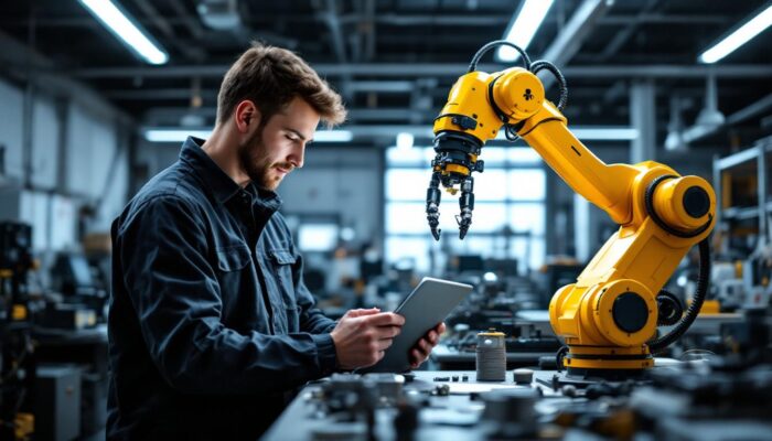 A photograph of a field applications engineer interacting with an industrial robot in a dynamic workspace