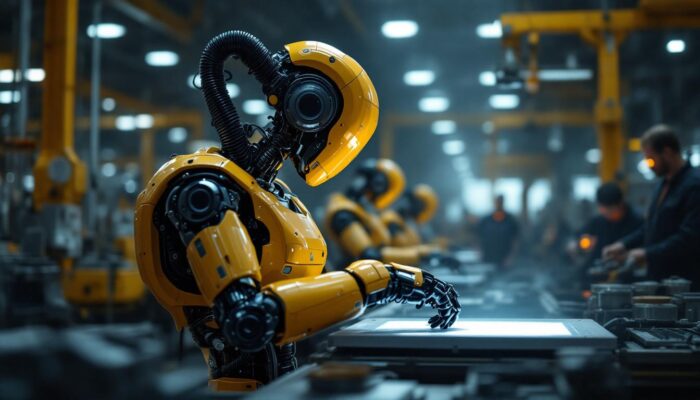 A photograph of a modern industrial robot in action within a manufacturing setting
