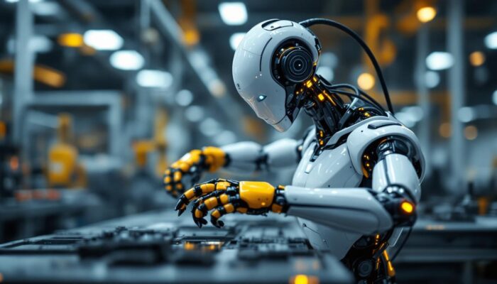 A photograph of a sleek industrial robot in action