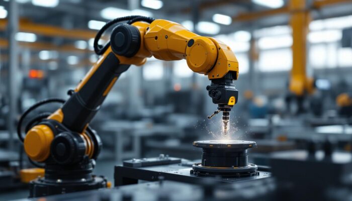 A photograph of a sleek industrial robotic arm in action