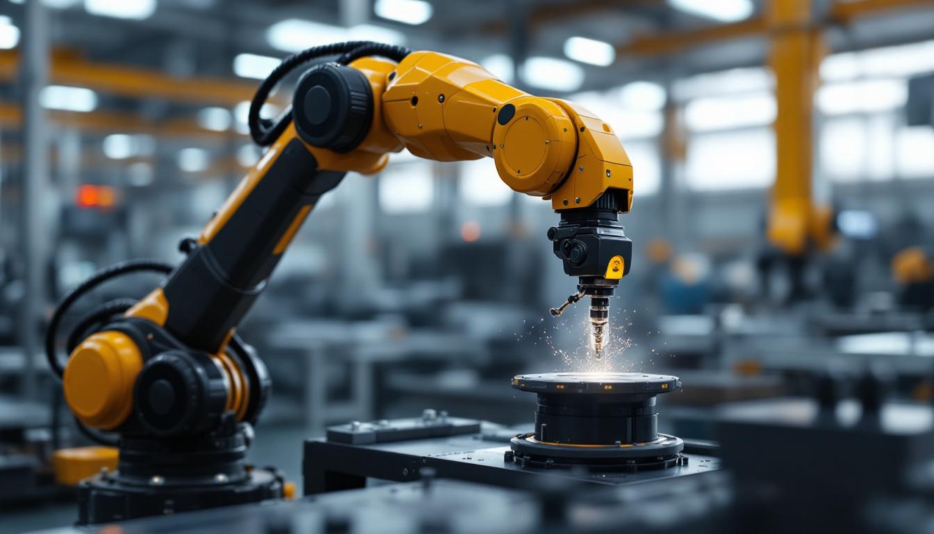A photograph of a sleek industrial robotic arm in action