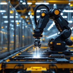 A photograph of a sleek industrial robot in action within a modern manufacturing environment