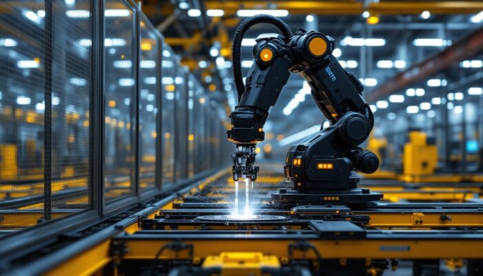 A photograph of a sleek industrial robot in action within a modern manufacturing environment