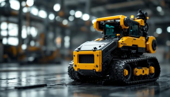 A photograph of a detailed close-up of a mini metals n scale industrial robotic vehicle in a realistic setting