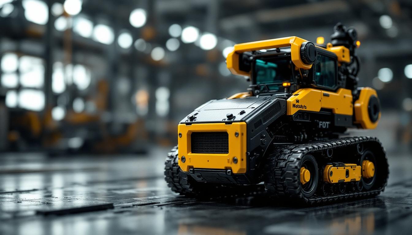 A photograph of a detailed close-up of a mini metals n scale industrial robotic vehicle in a realistic setting