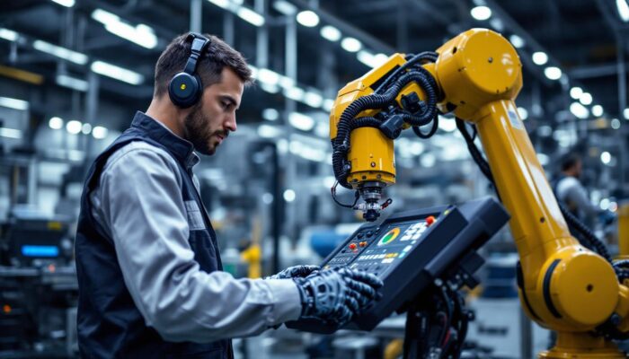 A photograph of a skilled technician operating an industrial robot with a controller in a modern manufacturing setting
