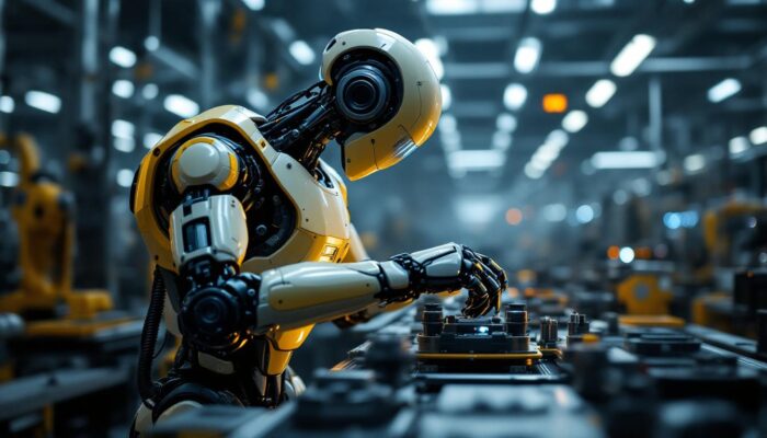 A photograph of a sleek industrial robot in action within a modern manufacturing environment