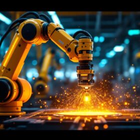 A photograph of a dynamic industrial robotic arm in action