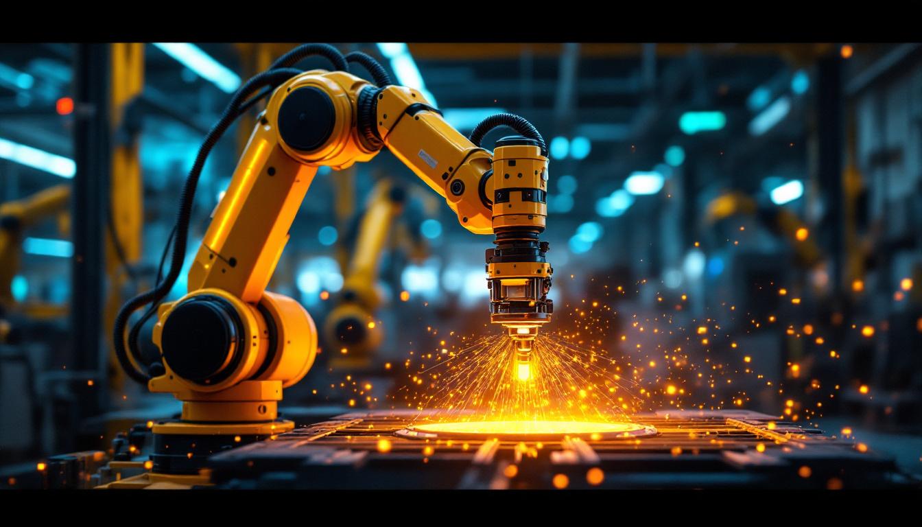 A photograph of a dynamic industrial robotic arm in action