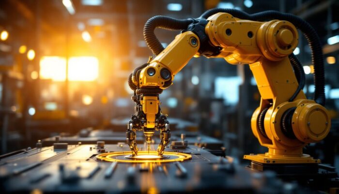 A photograph of a sleek industrial robotic arm in action