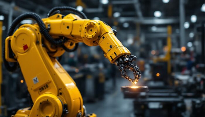 A photograph of a sleek industrial robotic arm in action