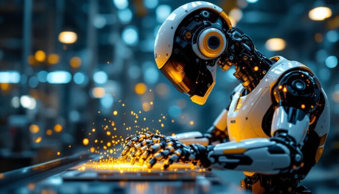 A photograph of a sleek industrial robot in action