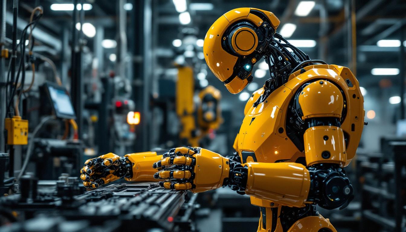 A photograph of a sleek industrial robot in action within a modern manufacturing environment