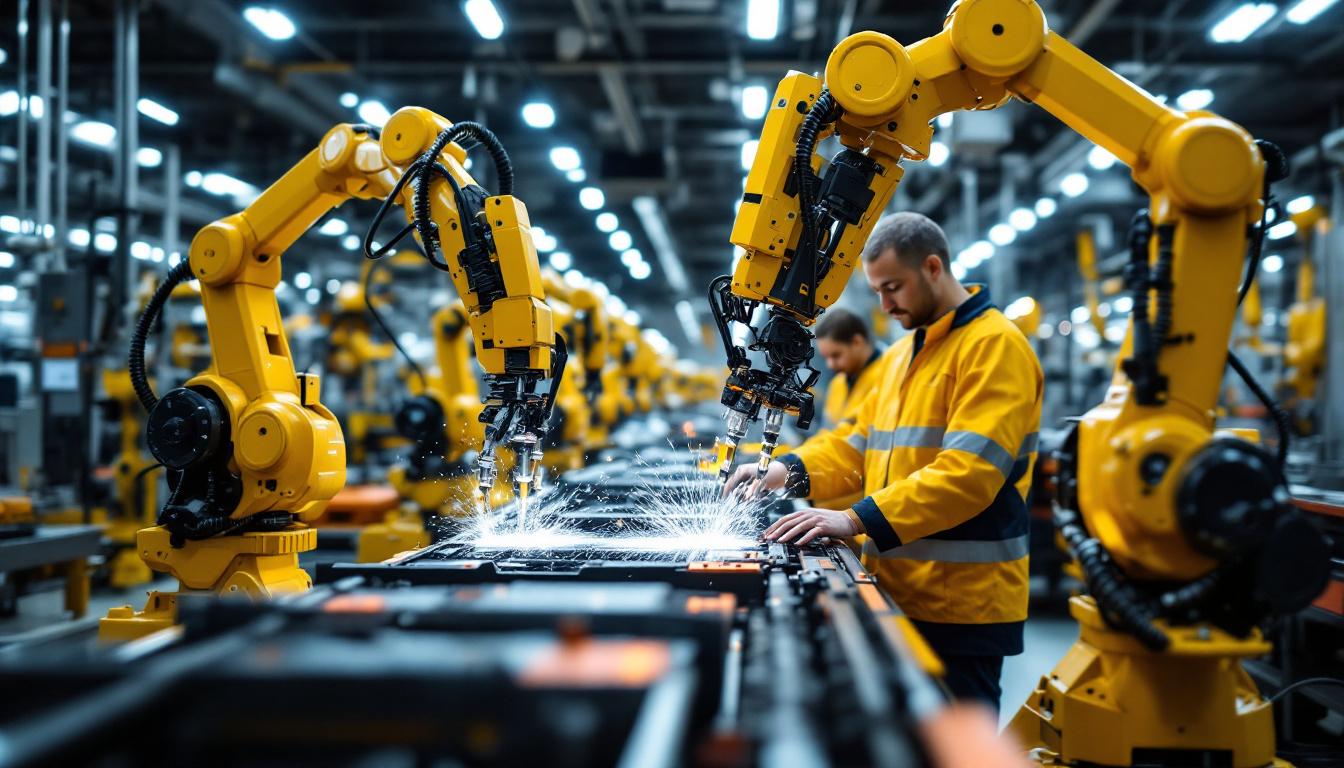 A photograph of a hyundai factory floor showcasing industrial robots in action