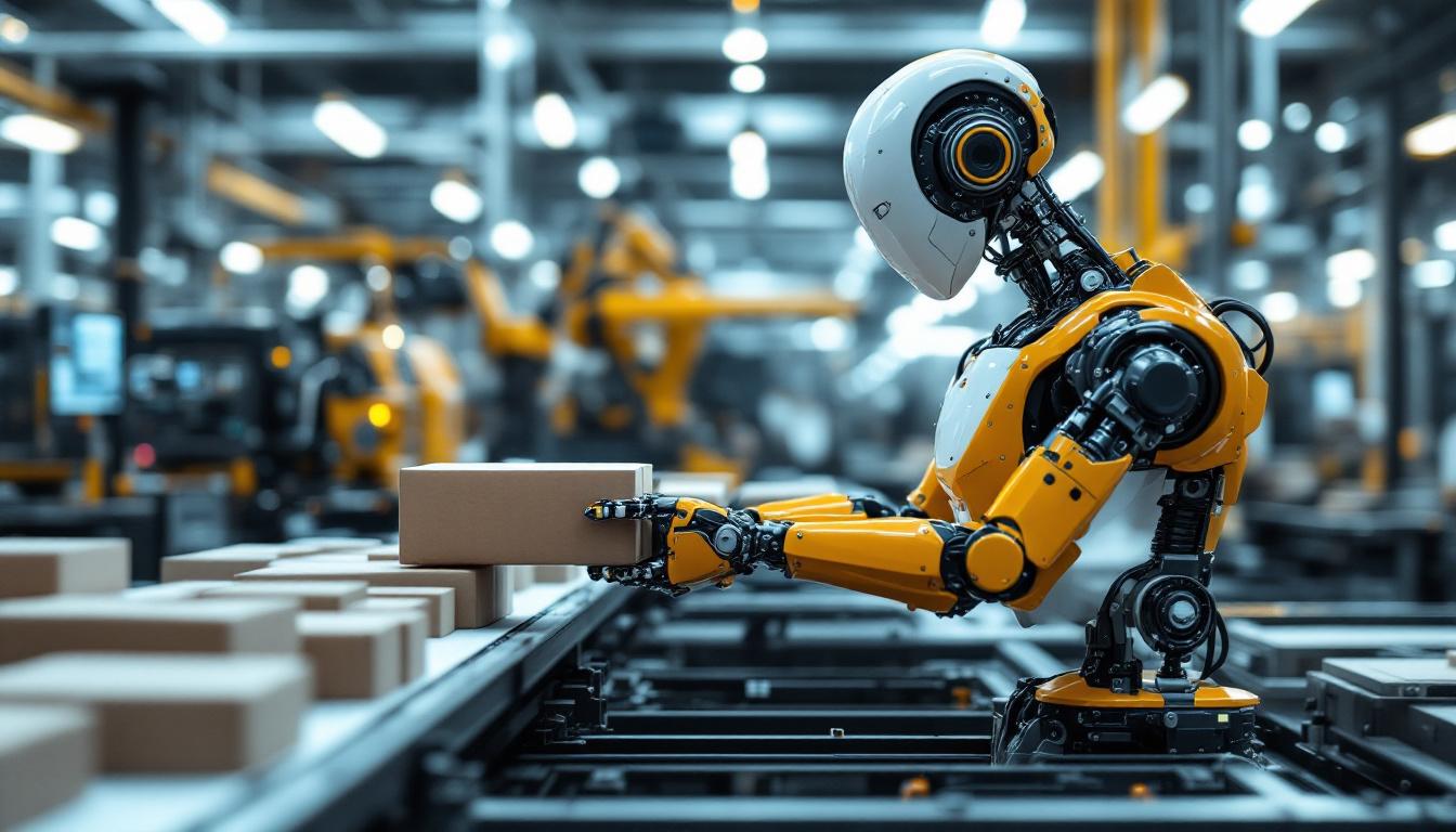 A photograph of a sleek industrial robot in action