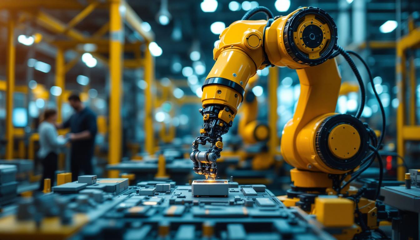 A photograph of a dynamic industrial setting featuring a robotic arm in action