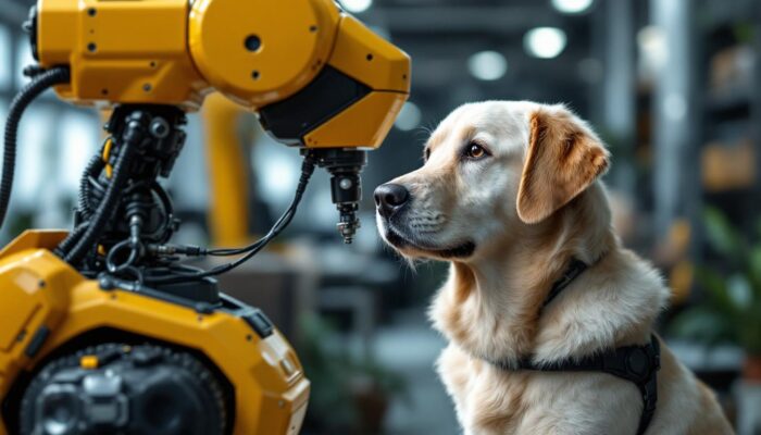 A photograph of a friendly labrador retriever interacting with a sleek industrial robot in a modern workspace