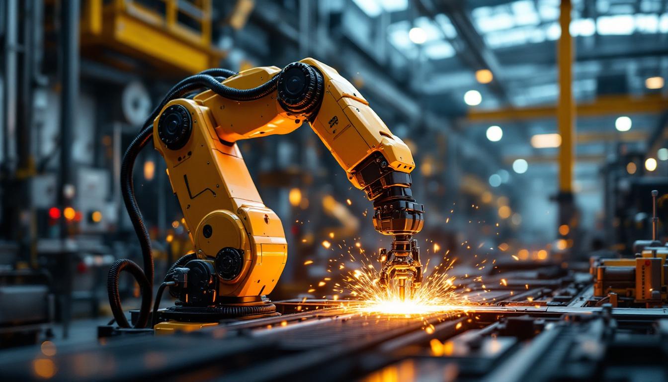A photograph of a dynamic industrial setting featuring a sleek robotic arm in action
