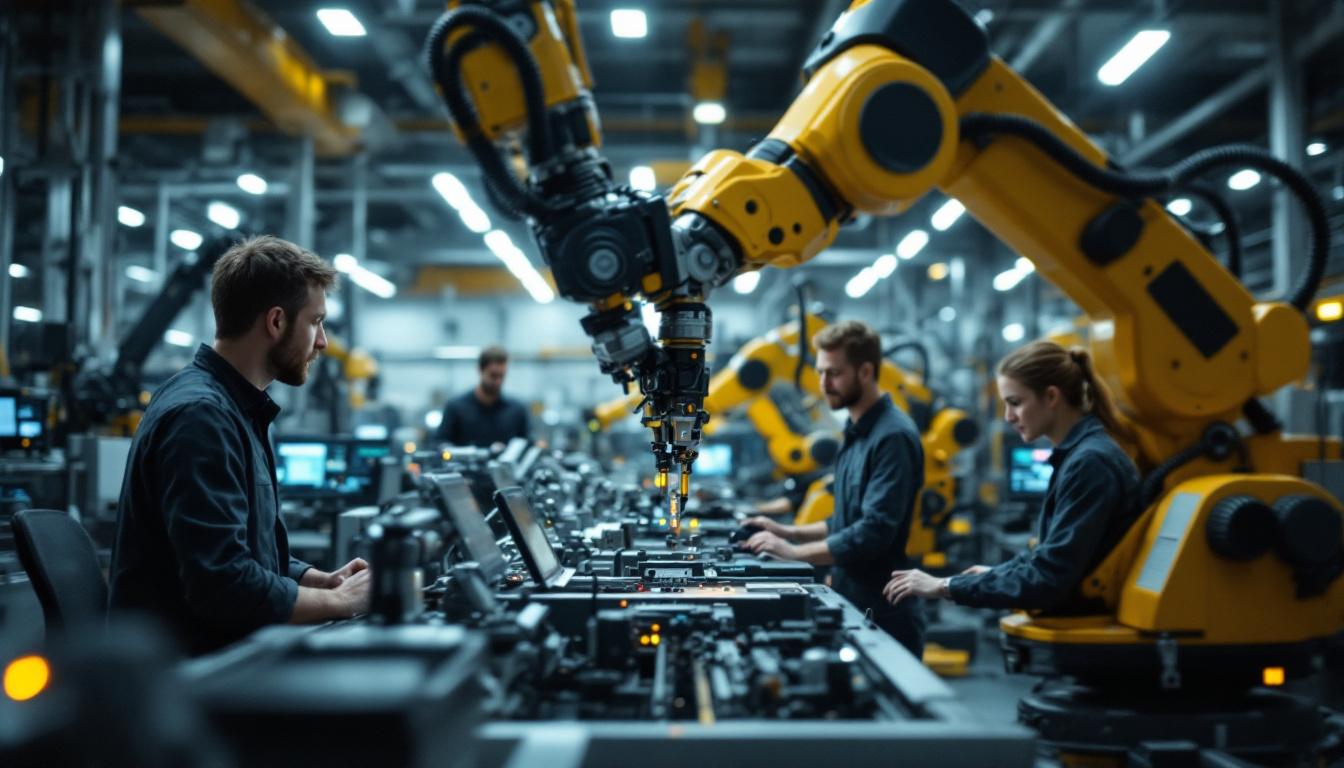 A photograph of a dynamic industrial setting featuring a director of software engineering overseeing a team of engineers collaborating with advanced robotic systems