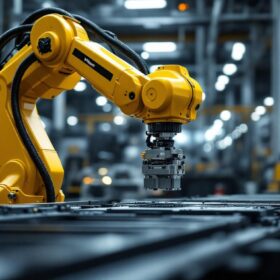 A photograph of a sleek industrial robotic arm in action
