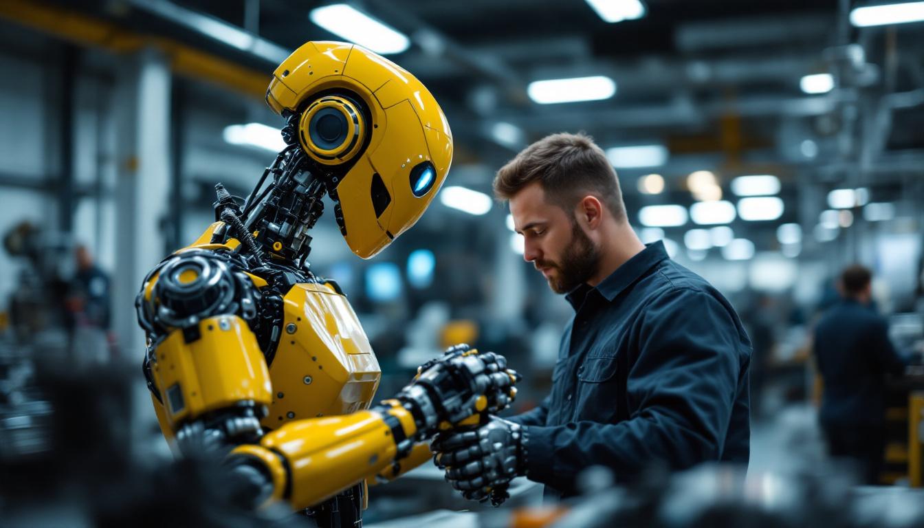 A photograph of a skilled technician working alongside an industrial robot in a modern workshop